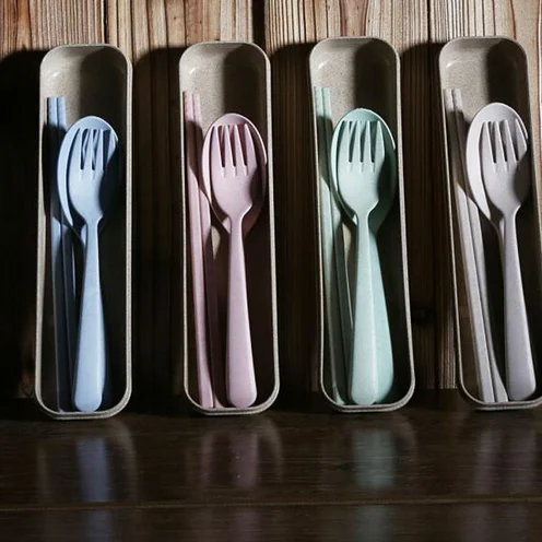 Portable Wheat Straw Cutlery Travel Fork Chopsticks Spoon Camping Picnic
