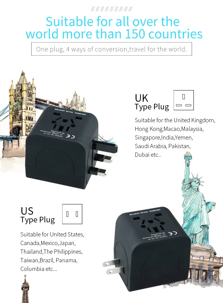 Electrical Socket European/American/Australia/UK Plug Adaptors All in One Universal Travel Adapter with USB Charger
