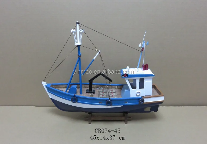 Wood Crab Boat Model,Blue/white/black 45x14x37cm,Oem Shrimp Ship Model