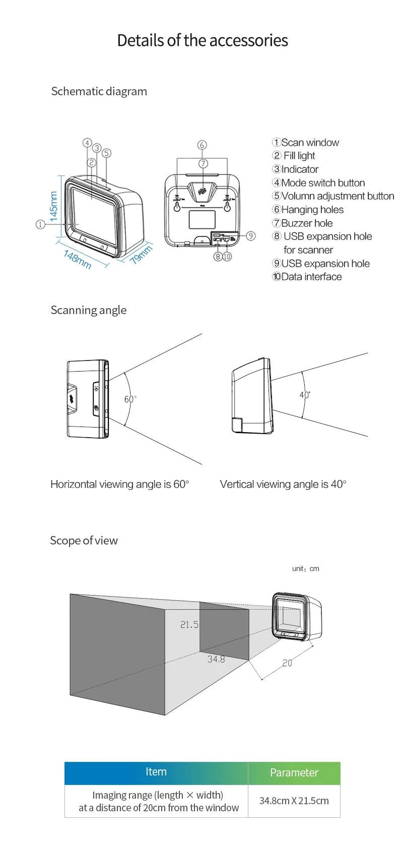 Winson WAI-7000 Hands Free Barcode Scanner 1D&2D Desktop Barcode Reader Large Format Scanner