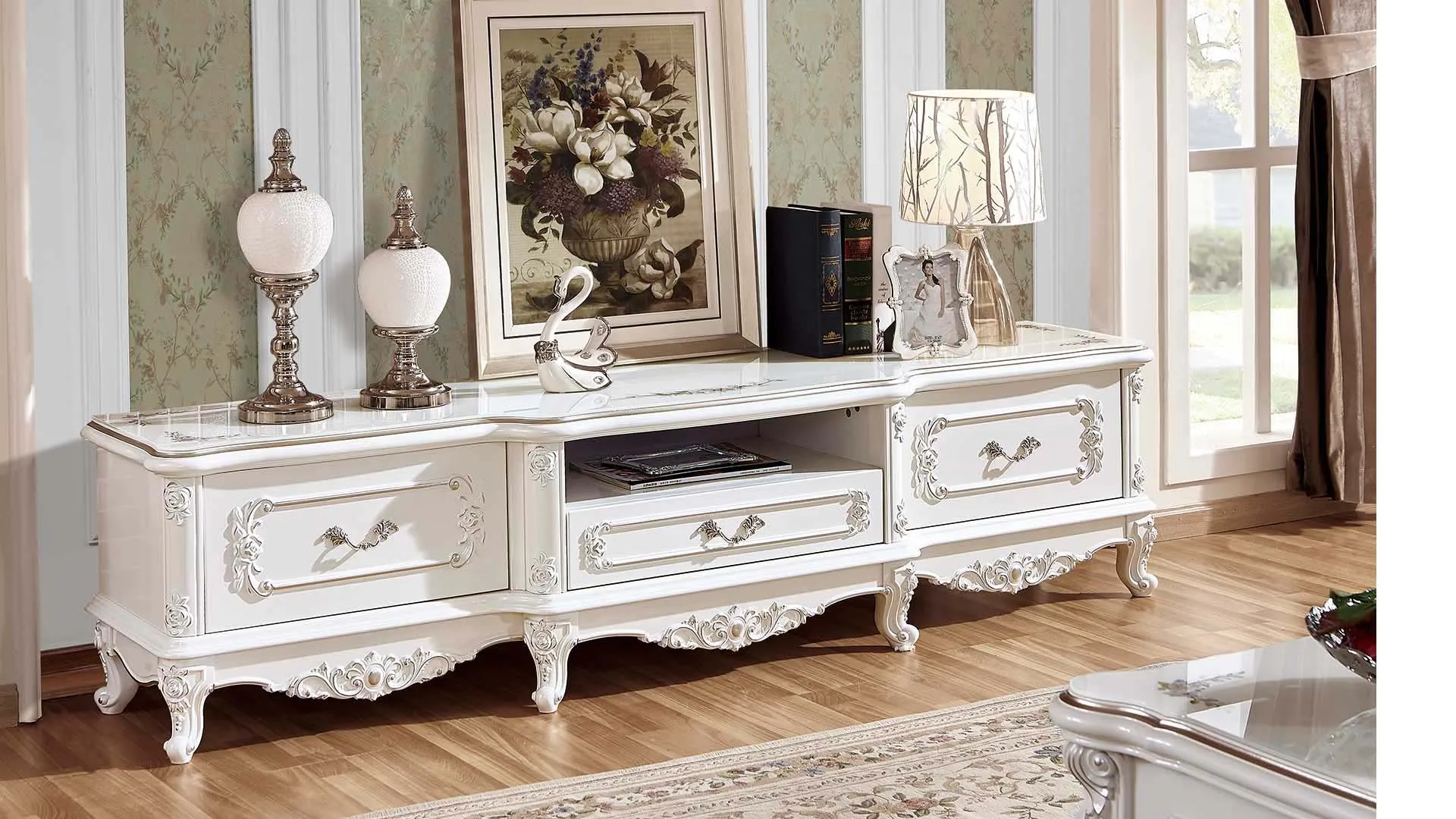 New Classical Living Room Furniture Italian Glass Top White Luxury