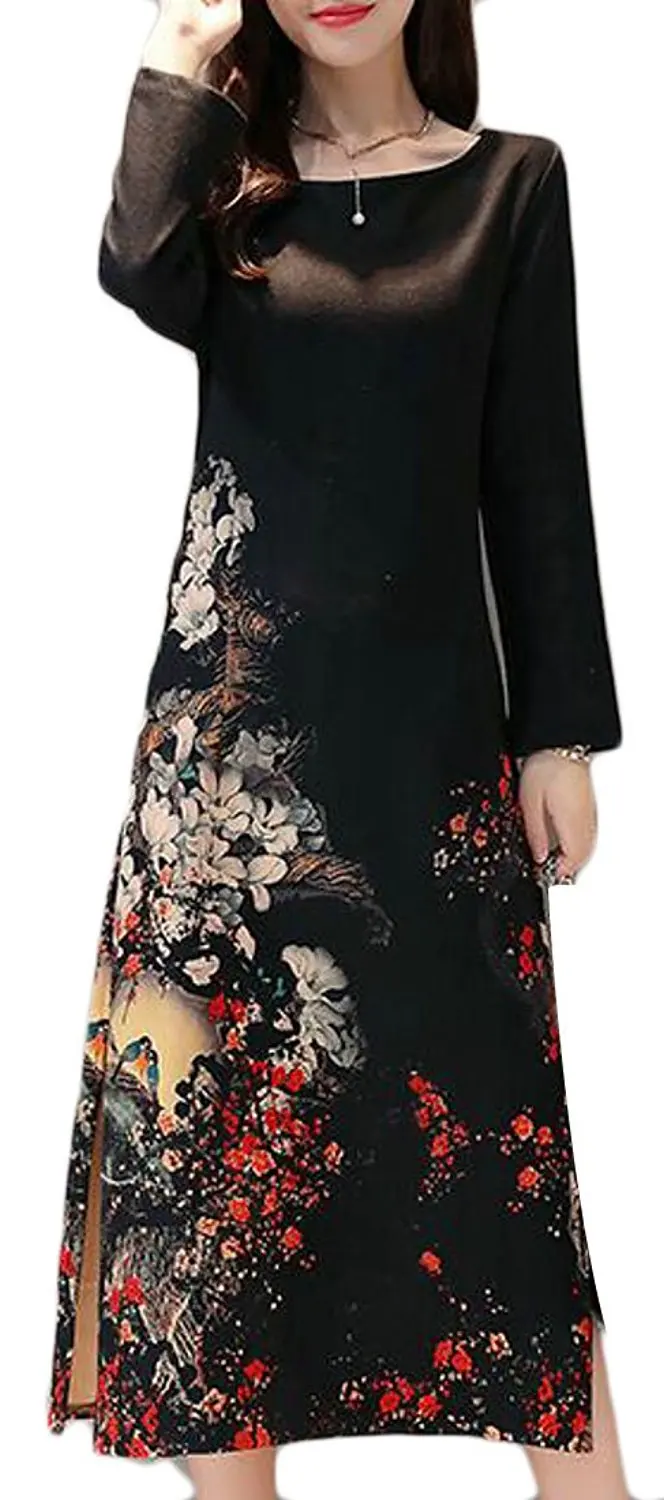 CBTLVSN Women Chinese Style Round Neck Floral Print Cheongsam Dress