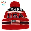 New Arrival USA American Flag Custom Embroidered Pom Pom Cuff Beanie Hat 100 Soft Acrylic Winter Hat