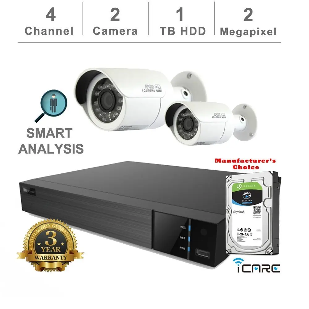 iCare-DVR Smart Analysis DVR Security Kits: 4CH 5 in 1 DVR w/1TB Security HDD+ (2) 2MP Outdoor IR White Bullet (3 Years Warranty; Local US Support)
