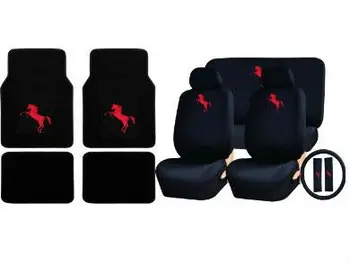 15pc Red Mustang Pony Logo Carpet Floor Mats Low Back Seat Covers