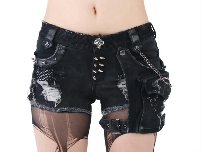 K-127 Black Elastic Black High Waist Denim gothic lolita punk rave trousers