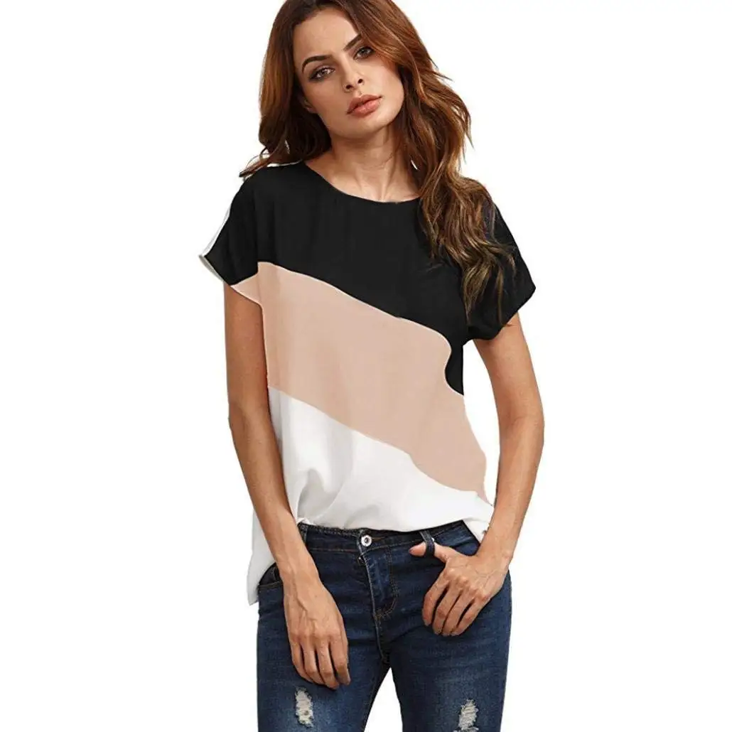 SCSAlgin Women Blouse Women's Color Block Blouse Short Sleeve Casual Tee Shirts Tunic Tops