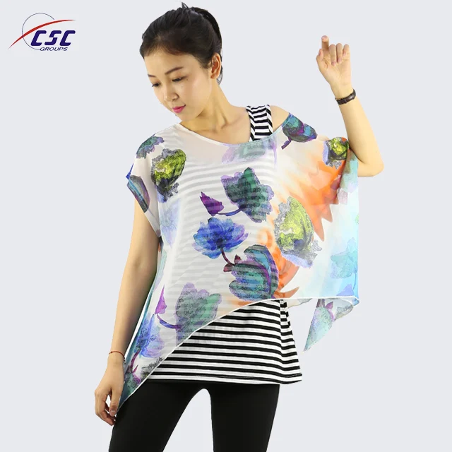 
Wholesale high quality ladies summer casual chiffon printed T-shirt Summer with tunic design women casual printed chiffon shirt