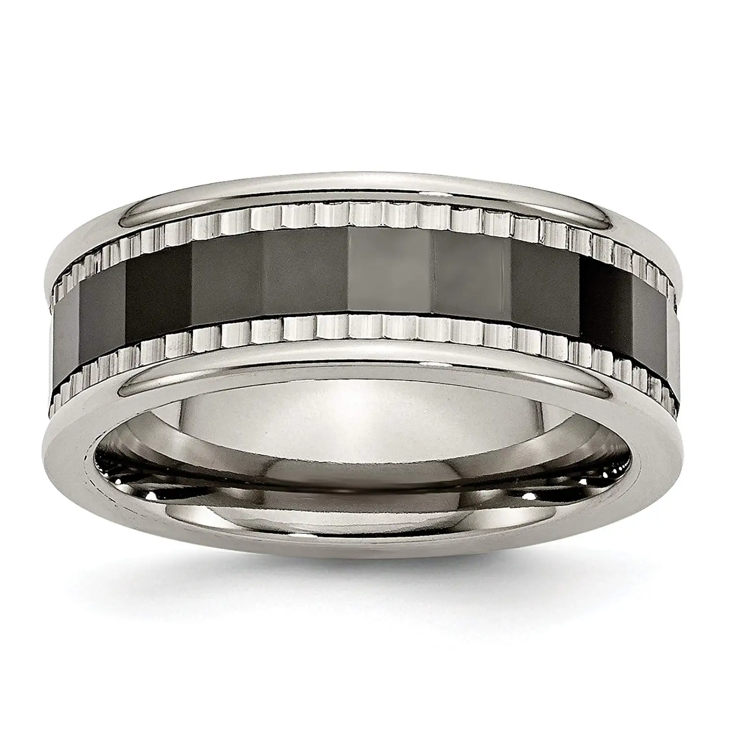 Titanium w/Sawtooth Accent/Polished Black Ceramic Center 8mm Band TB379-9<BR>Polished | Engravable | Titanium | Faceted | Ceramic