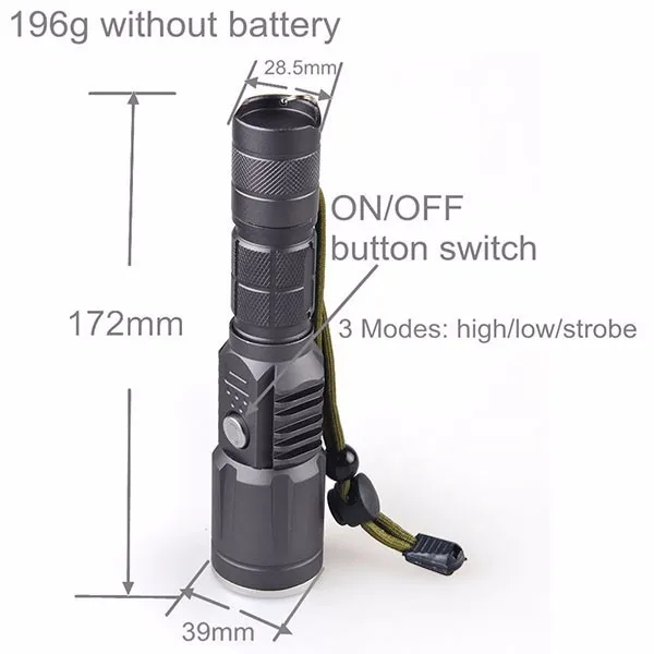 Zoom Rechargeable USB Power Bank Flashlight Torch with XM-L2 T6 LED