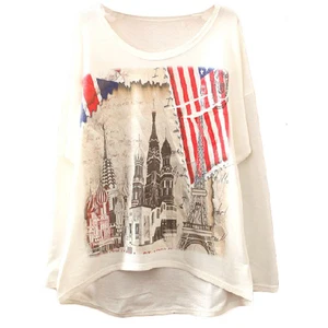 Lady garment clothing manufacturer long sleeve loose fitting o-neck shorter front printed t-shirt Lady garment clothing manufacturer long sleeve loose fitting o-neck shorter front printed t-shirt