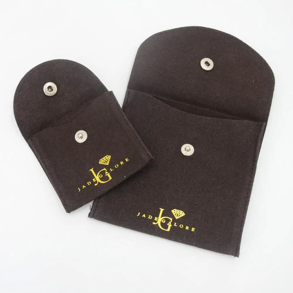 Custom Suede Jewelry Pouches With A Gold Foil Logo And Button Snap