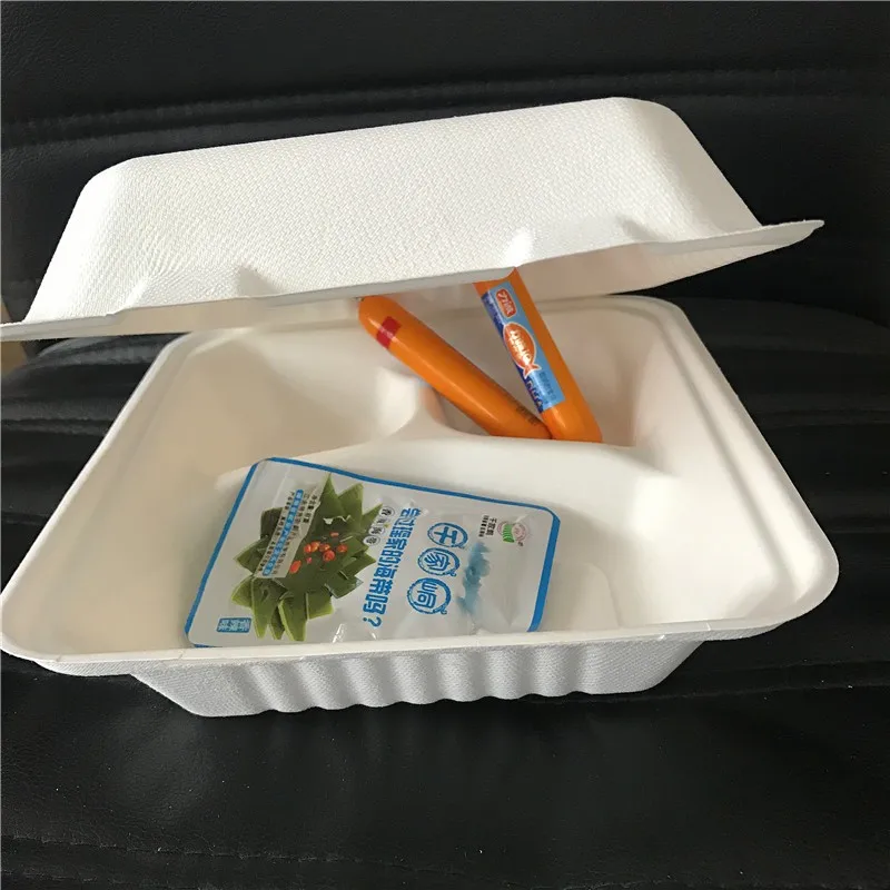 Sugarcane Bagasse 3 Compartment Clamshell Lunch Box 8 Inch Take Away