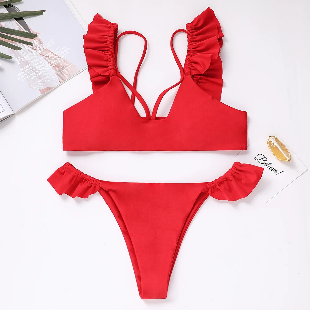 Women Bikini Set Padded Bra Swimsuit Swimwear Women Solid Strappy Ruffled Flounce Padded Bra