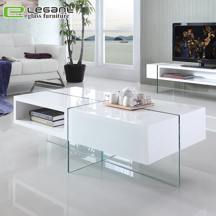 Clear Glass Center Table with White MDF Drawers