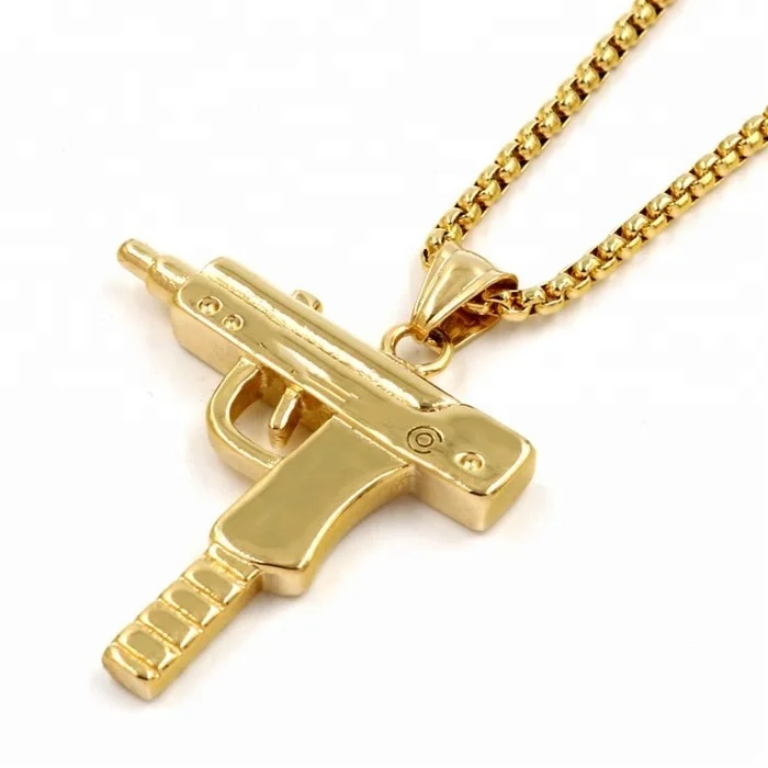 MECYLIFE Hot Selling Gold Plated Pistol Pendant Men's Hippie Jewelry Uzi Gun Pendant Necklace