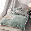 Double edition flannel pure colors ruffles process designs warm comforter bedding set of four