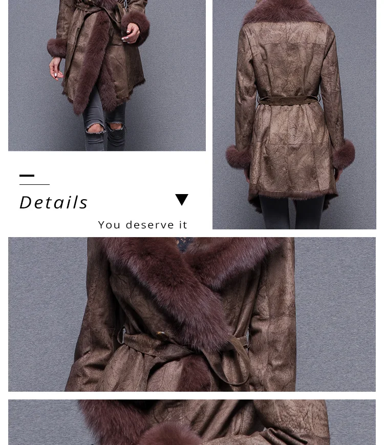 Women Winter Long Fur Lined Coat Sheepskin Double Faced Leather Jacket