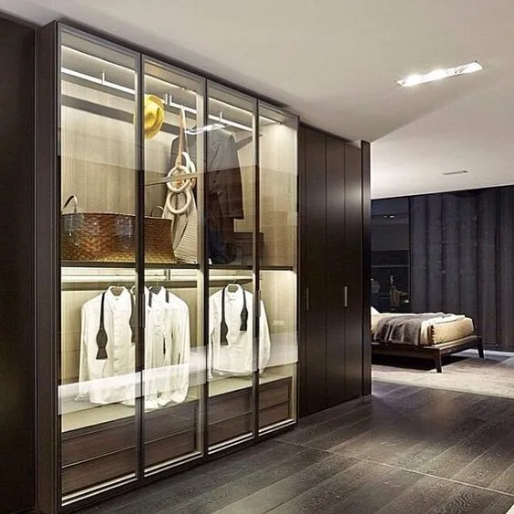 2019 New Modern Luxury Led Light Bedroom Furniture Closet Glass Open