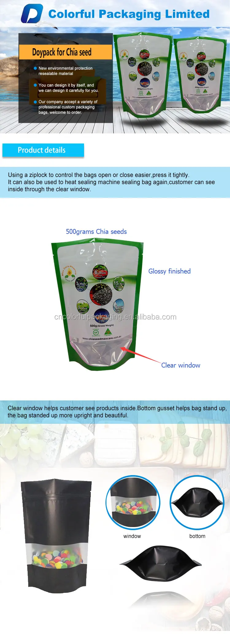 Customized Doypack Chia Seeds Packaging Bag Stand Up Pouch Resealable