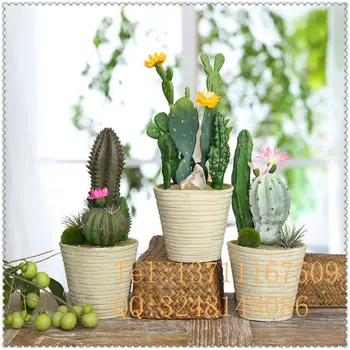 Plastic Artificial Potted Plants With Mini Yellow Flowers Green Plastic Artificial Potted Plants With Mini Yellow Flowers Green Bonsai Cactus For Home Decoration