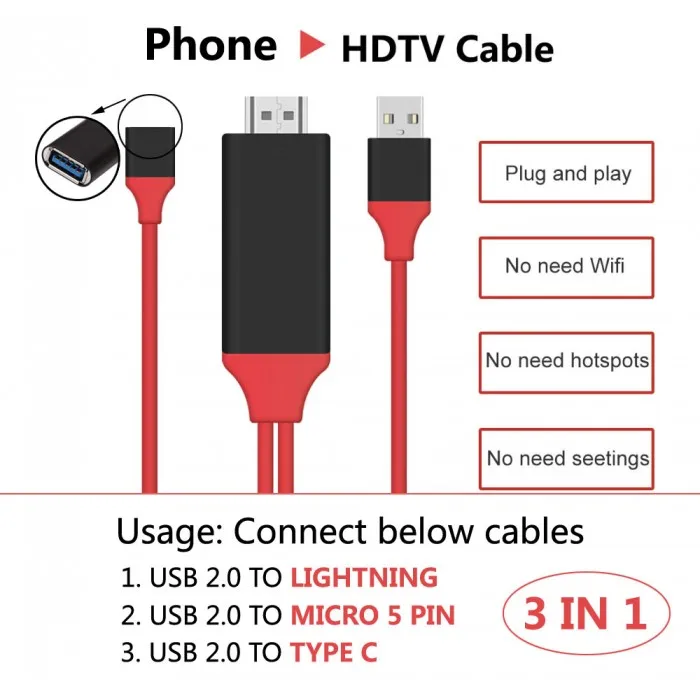 MHL cable For Apple Iphone 7 6s Plus IOS