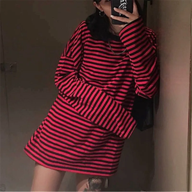 Source Korean Harajuku Black White Striped T-shirt Women Loose