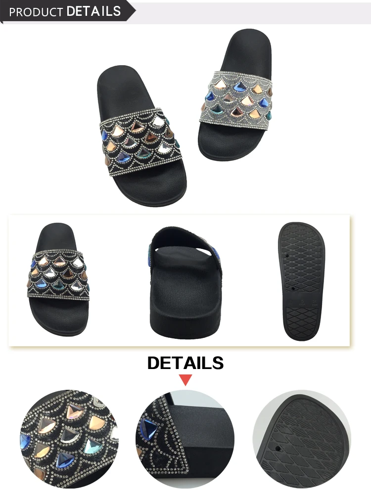 Latest Design Flat 2019 Lady Slipper Black Slides Rhinestone Woman Shoe