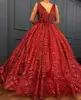 Dark Red Quinceanera Gown Long Prom Dress Sexy Deep V Neck Full Length Saudi Arabia Sequined Prom Dresses 2018 Dress for Women