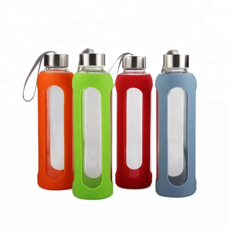 Glass Water Bottle With Silicone Sleeve Leak Proof Screw Cap For Togo