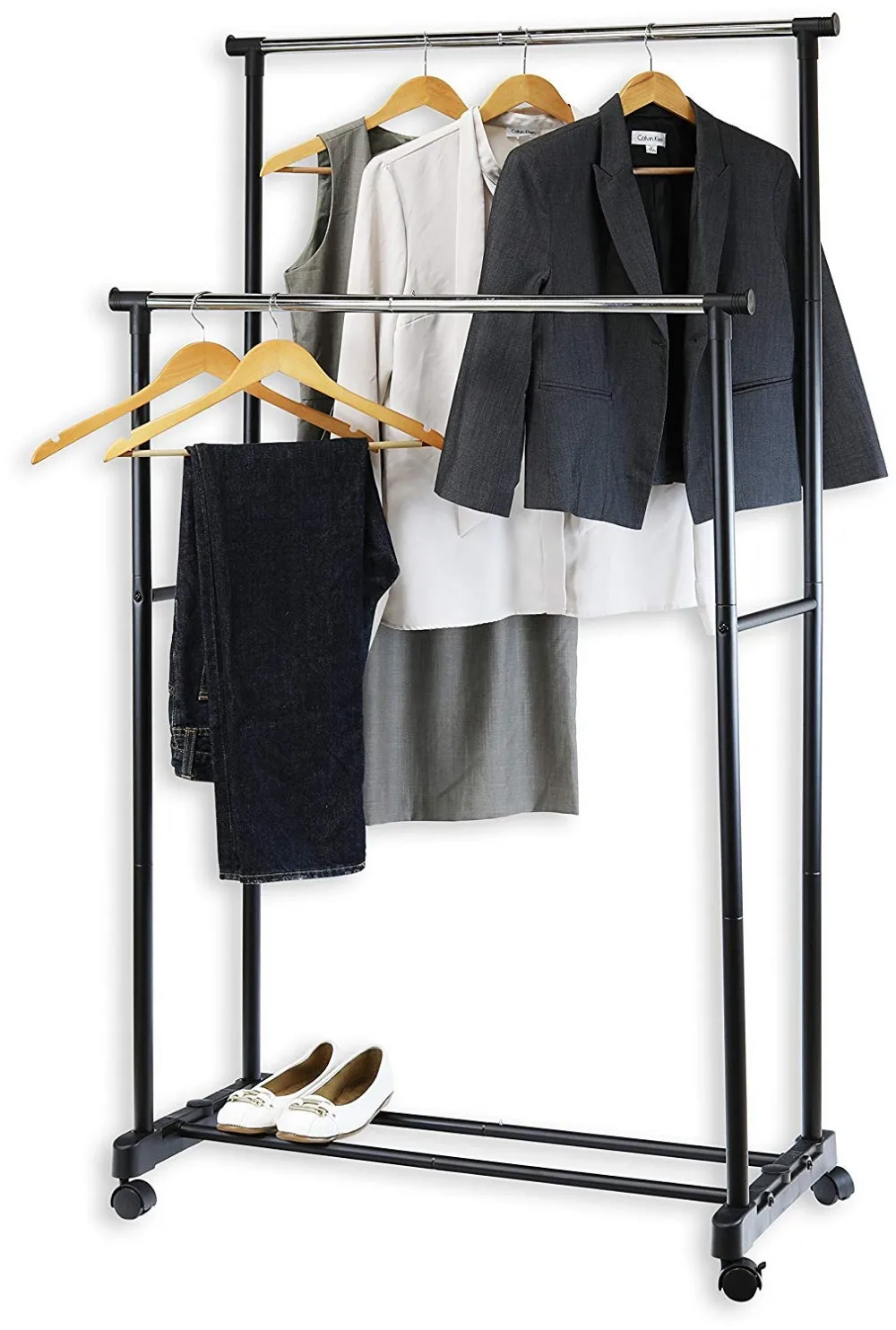 double hanging rod rolling clothing garment rack
