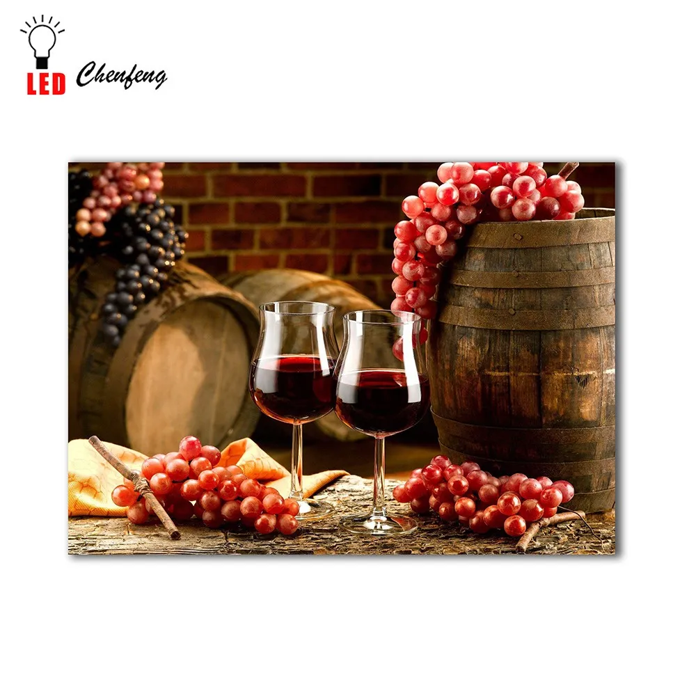 餐厅的墙壁艺术 flicking 帆布绘画点亮葡萄和桶图片印刷框装饰的酒杯