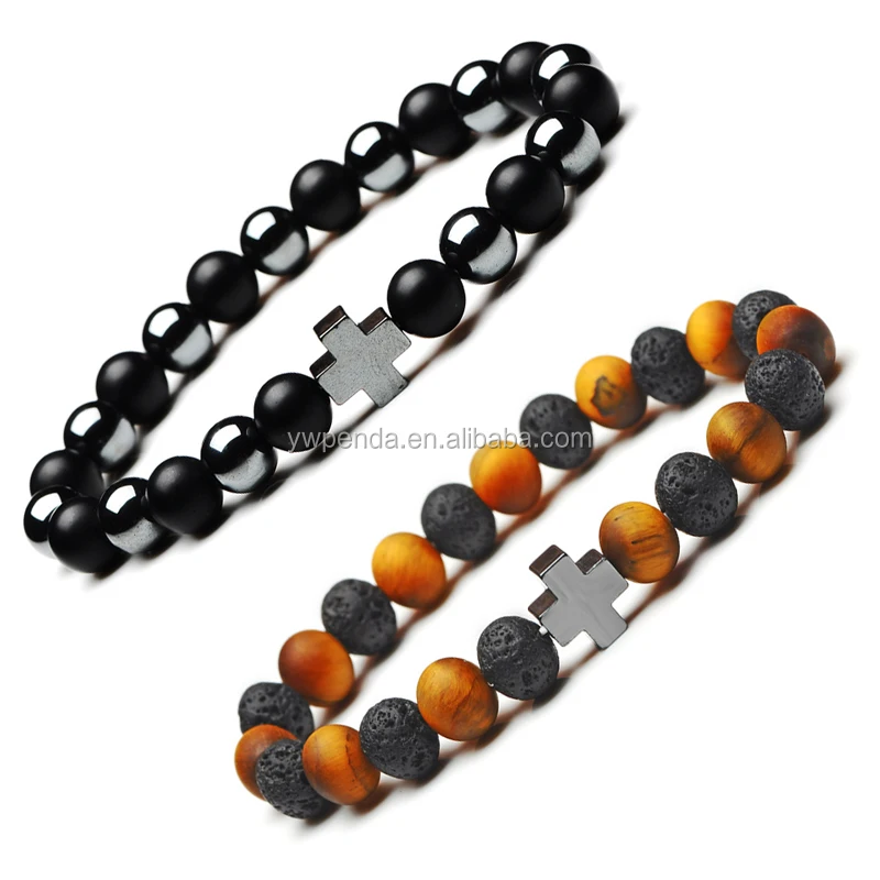 8mm Semi Precious Stone Bracelet Hematite Cross Bracelet Accept Custom