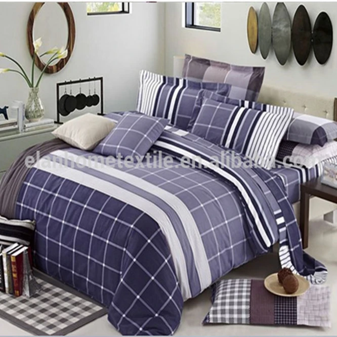 Denim Check 4Pc Duvet Cover with fitted sheet Polycotton Printed Bedding Set