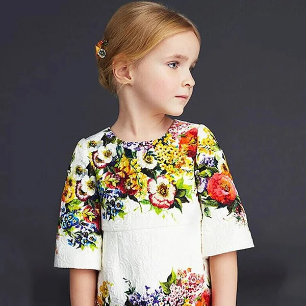 Euro Style One piece Kids Girls Vintage Floral Print 3 4 Sleeve Dress