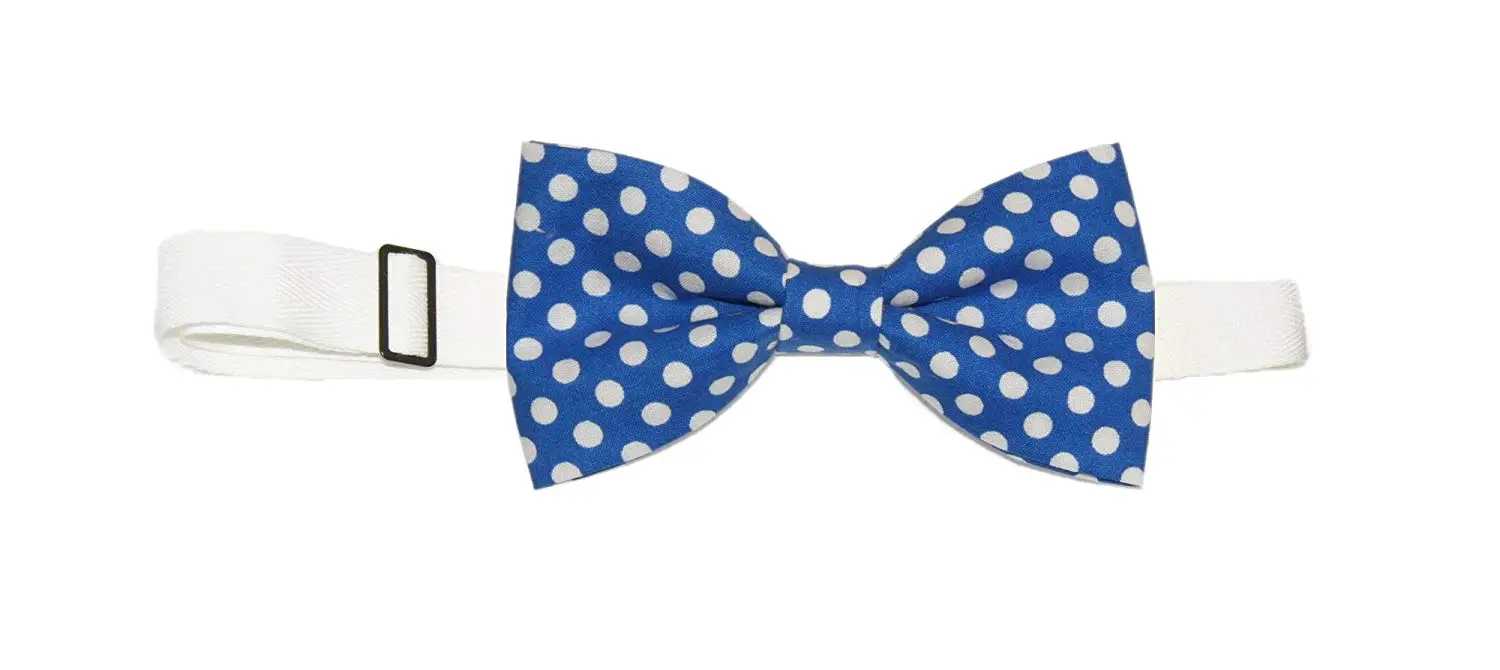 Mens White With Red//Blue Dots Pre-Tied Cotton Bow Tie On Adjustable Twill Strap