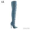 Sexy stiletto heel ladies boots blue denim thigh high heel boot featuring boots