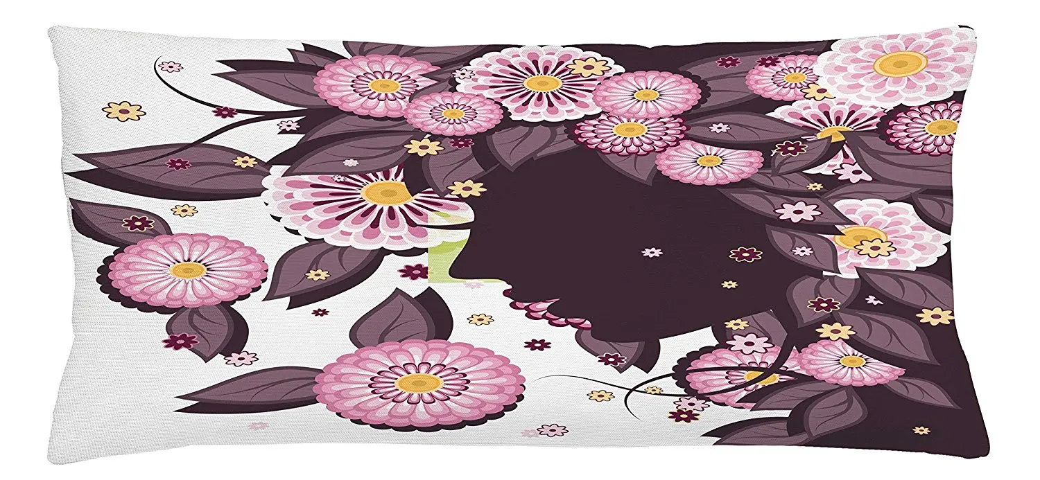 Nature Throw Pillow Cushion Cover by Ambesonne, Portrait of Flower Girl with Floral Hair with Daisy Leaf Mother of Nature Concept, Decorative Square Accent Pillow Case, 36 X 16 Inches, Multicolor