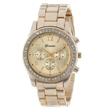 Essential Shock Resistant Faux Chronograph Quartz Plated Classic Round Ladies Women Crystals Watch