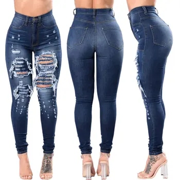 Women High Waist Pants Stretch Sexy Jeans With Holes - Buy Sexy Leg ...