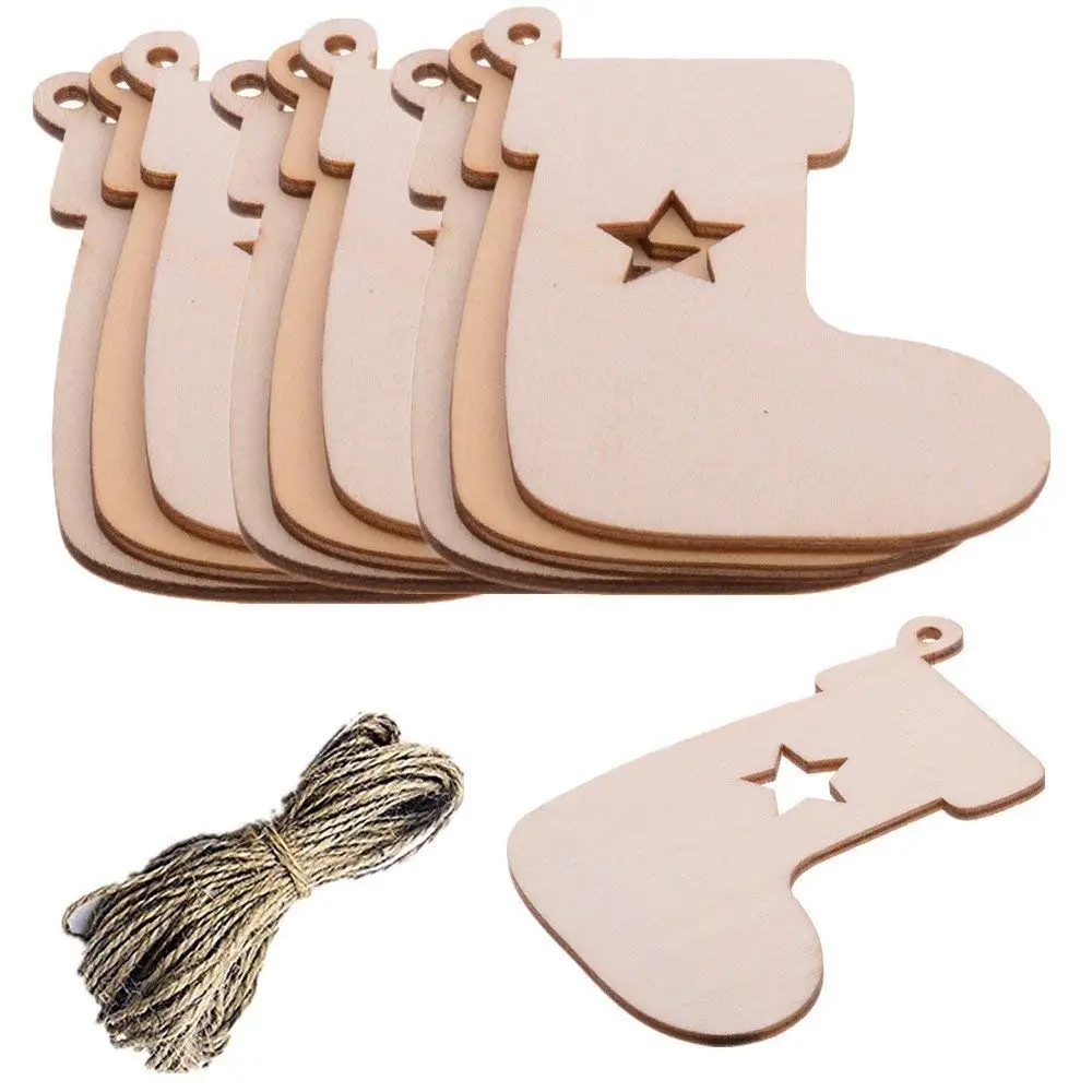 Pack of 10 Christmas Stocking Wooden Blank Wood Gift Tags Crafts Wood Slices with Holes Cutouts for Kids Crafts Christmas Tree Decoration with 20 Meters Twine