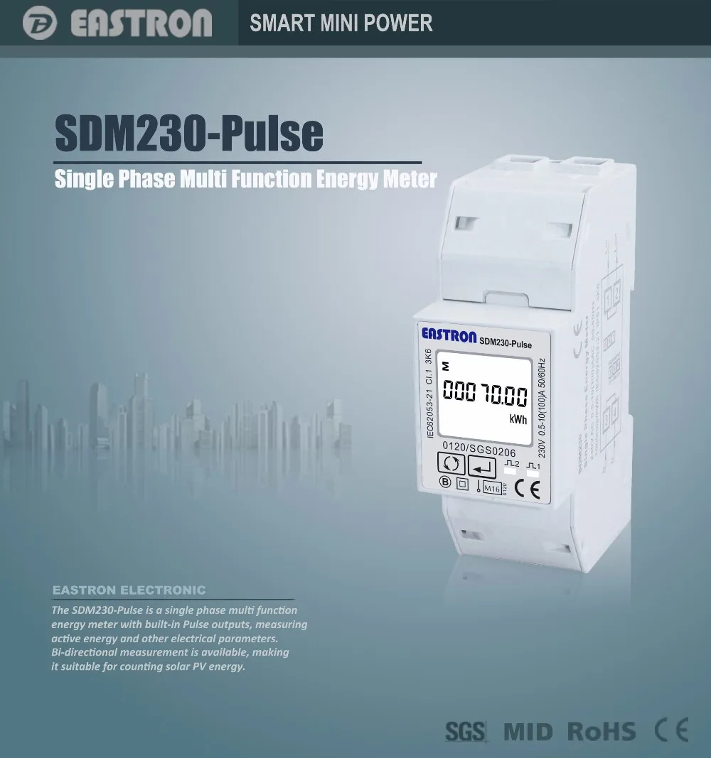 SDM230-Pulse 100A Single Phase Din Rail Energy Meter Watt-hour Meter PV Solar 