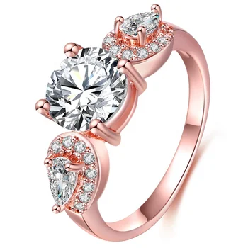 Three White Stone Rose Gold Ring Engagement Silver Wedding Ring Cz