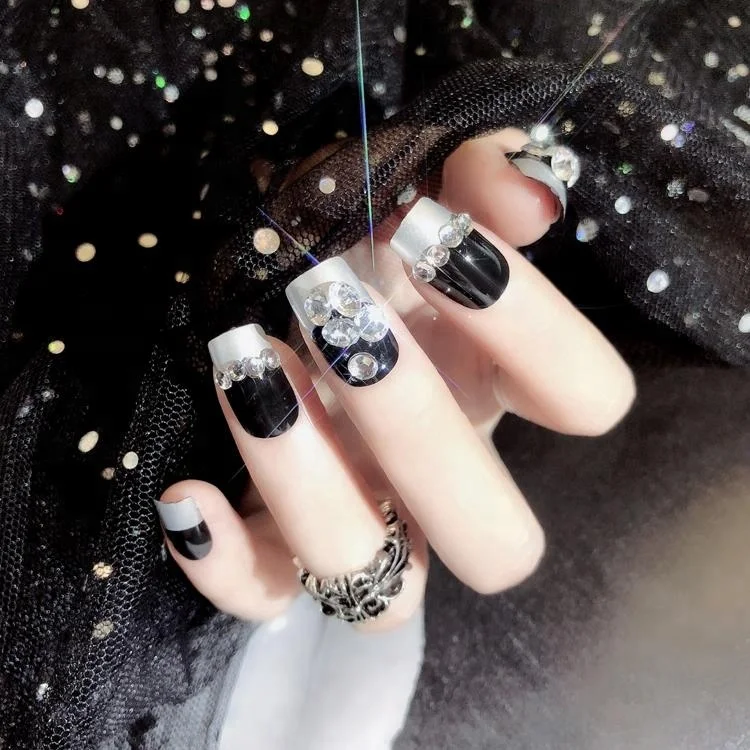 Gradient Black Nails Press on Long Ballerina Fake Nails Diamond Designs  Artificial Fingernails Tips for Women Halloween Party - AliExpress