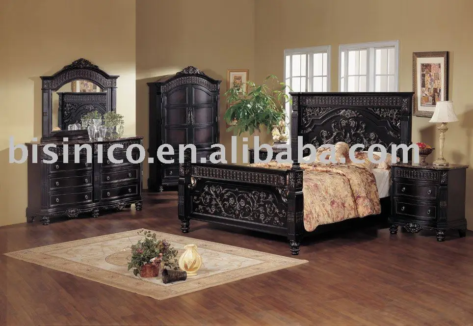 Classical Wooden Hand Carving Bedroom Furniture Black Color King Size Bed Night Stand Dresser Mirror Wardrobe Buy Bedroom Set King Size Bed Bedroom