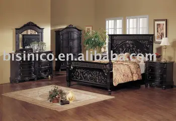 Classical Wooden Hand Carving Bedroom Furniture Black Color King Size Bed Night Stand Dresser Mirror Wardrobe View Bedroom Set Bisini Product