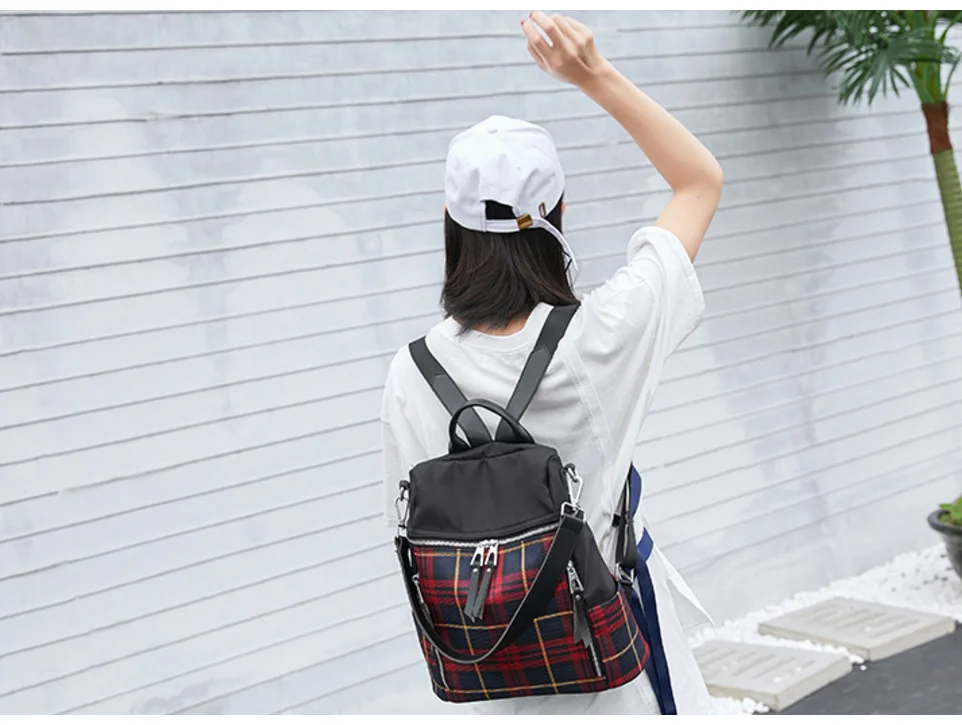 2018 New Style Women Big Capacity Waterproof Leather Patchwork and Handle Check Oxford Body Backpack Bags