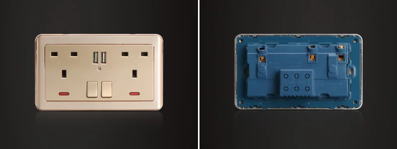 3 针英国插头双 13a 开关插座与霓虹灯和 2 usb 家庭