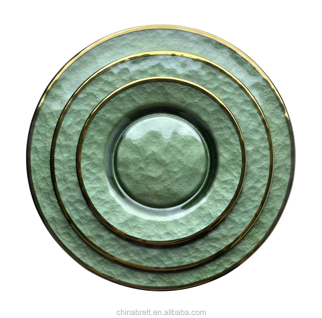 New Design Green Tableware Royal Gold Rim Plated Glass Charger Plate Under Plate