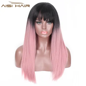 Aisi Hair Wholesale Cosplay Ombre Pink Color Wig With Bangs